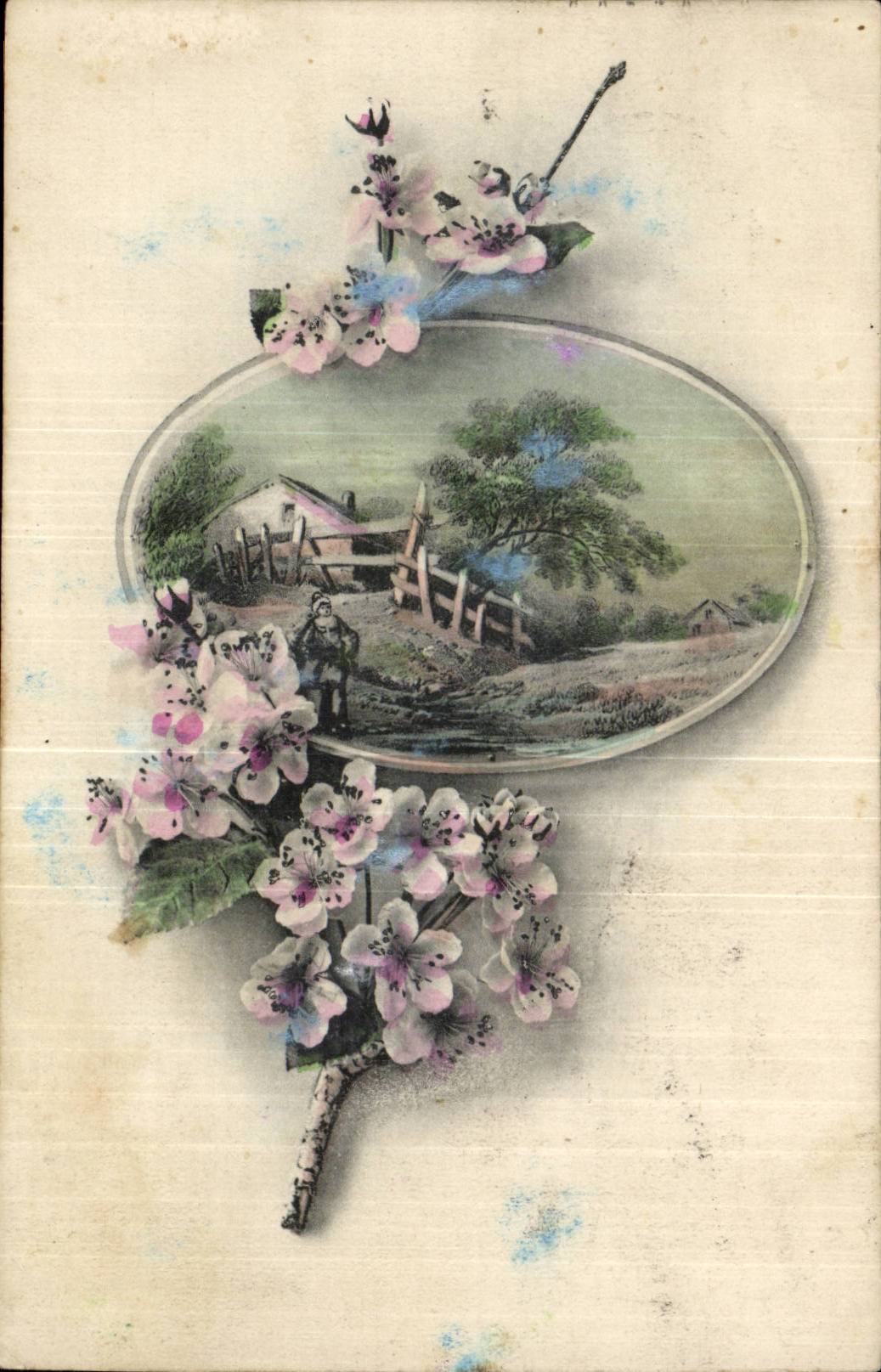 Fantaisie - Fleurs apple blossoms country scene - CPA 