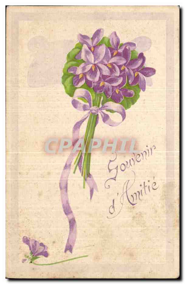 Fantaisie - Fleurs - Souvenir d'Amitie - flowers with flowing ribbons - CPA 