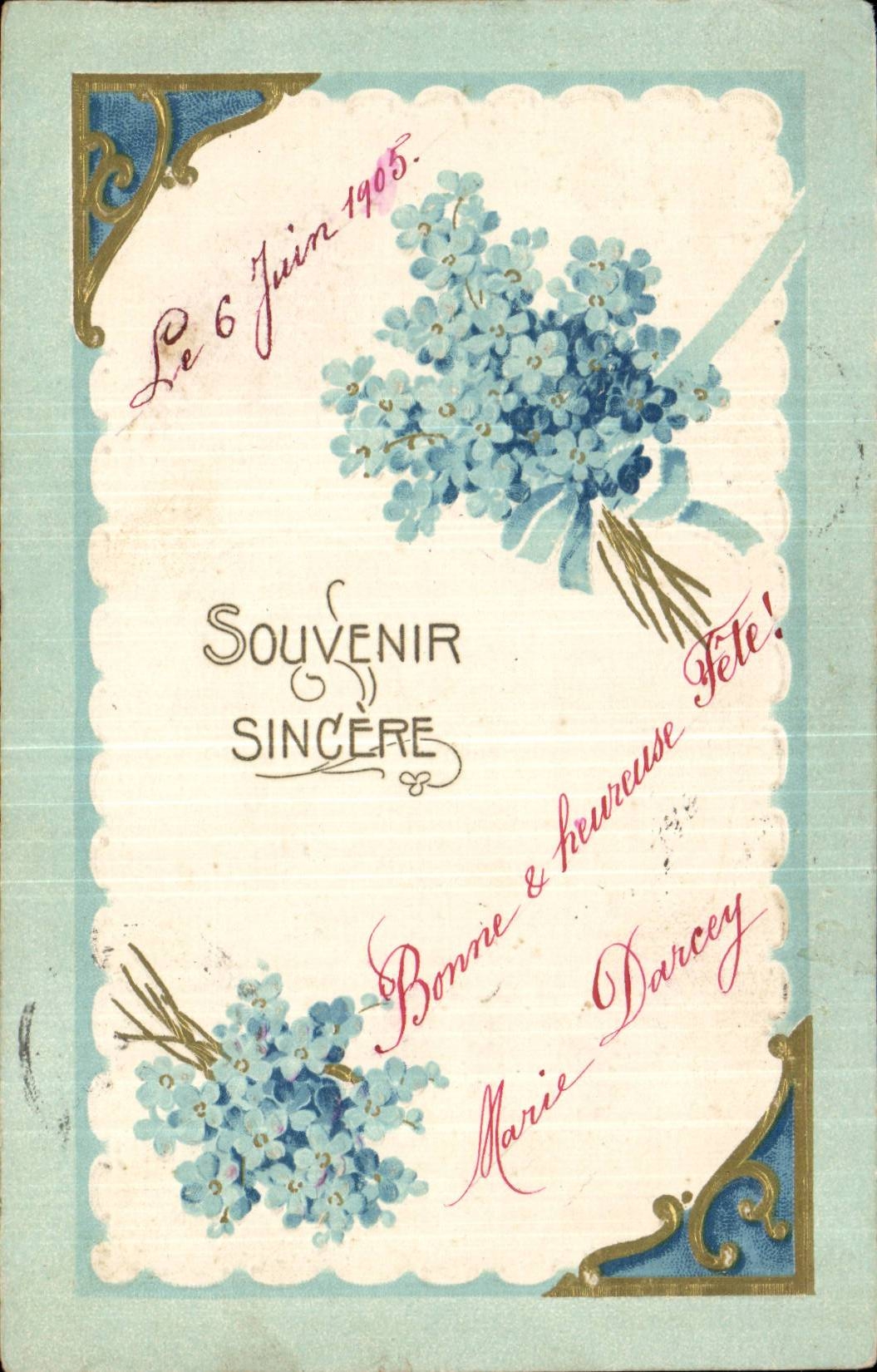Fantaisie - Fleurs - Souvenir Sincere Bonne et Heureuse Fete Marie Darcey - silver sheen - CPA 