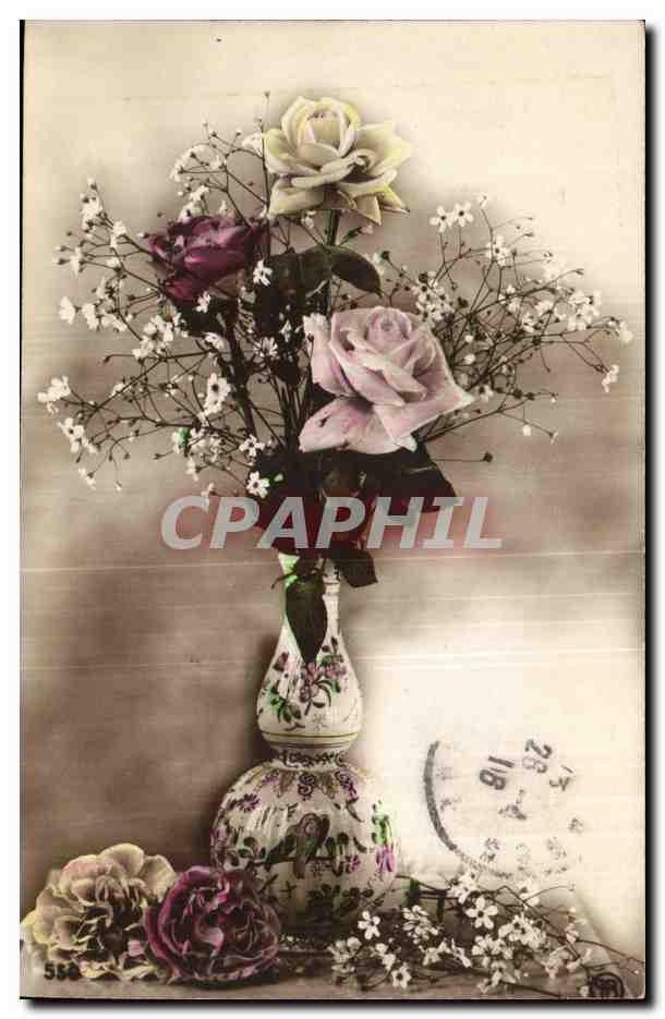 Fantaisie - fleur - roses in an elegant vase - CPA 