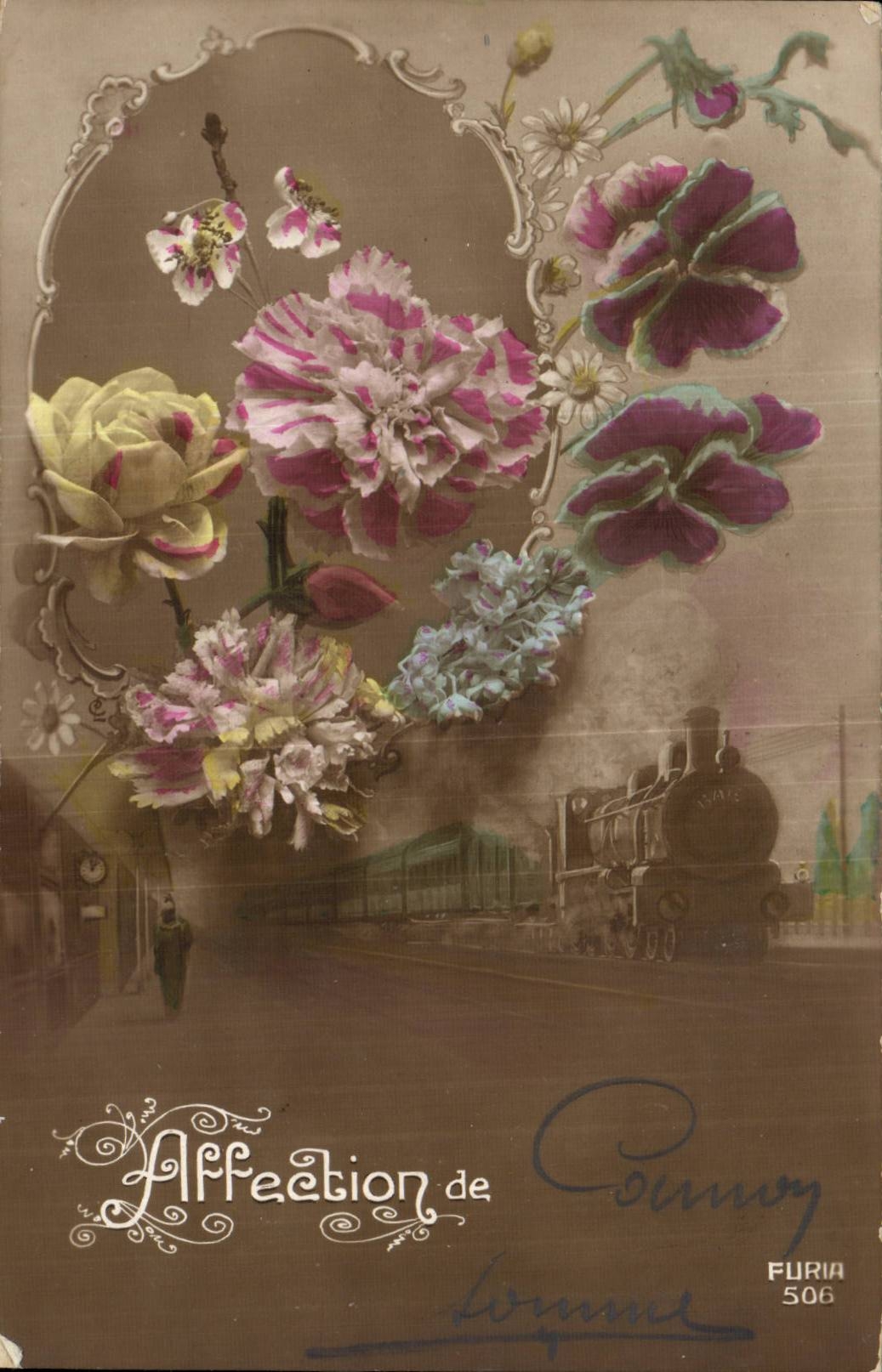 Fantaisie - fleur - Affection de - train - CPA 