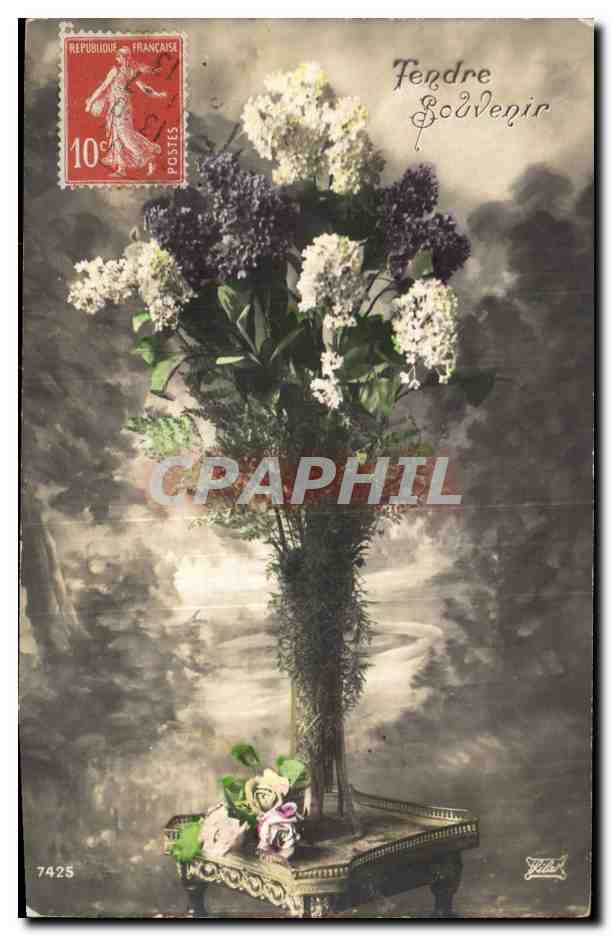 Fantaisie - fleur - tendre souvenir - flowers in elegant vase - CPA 