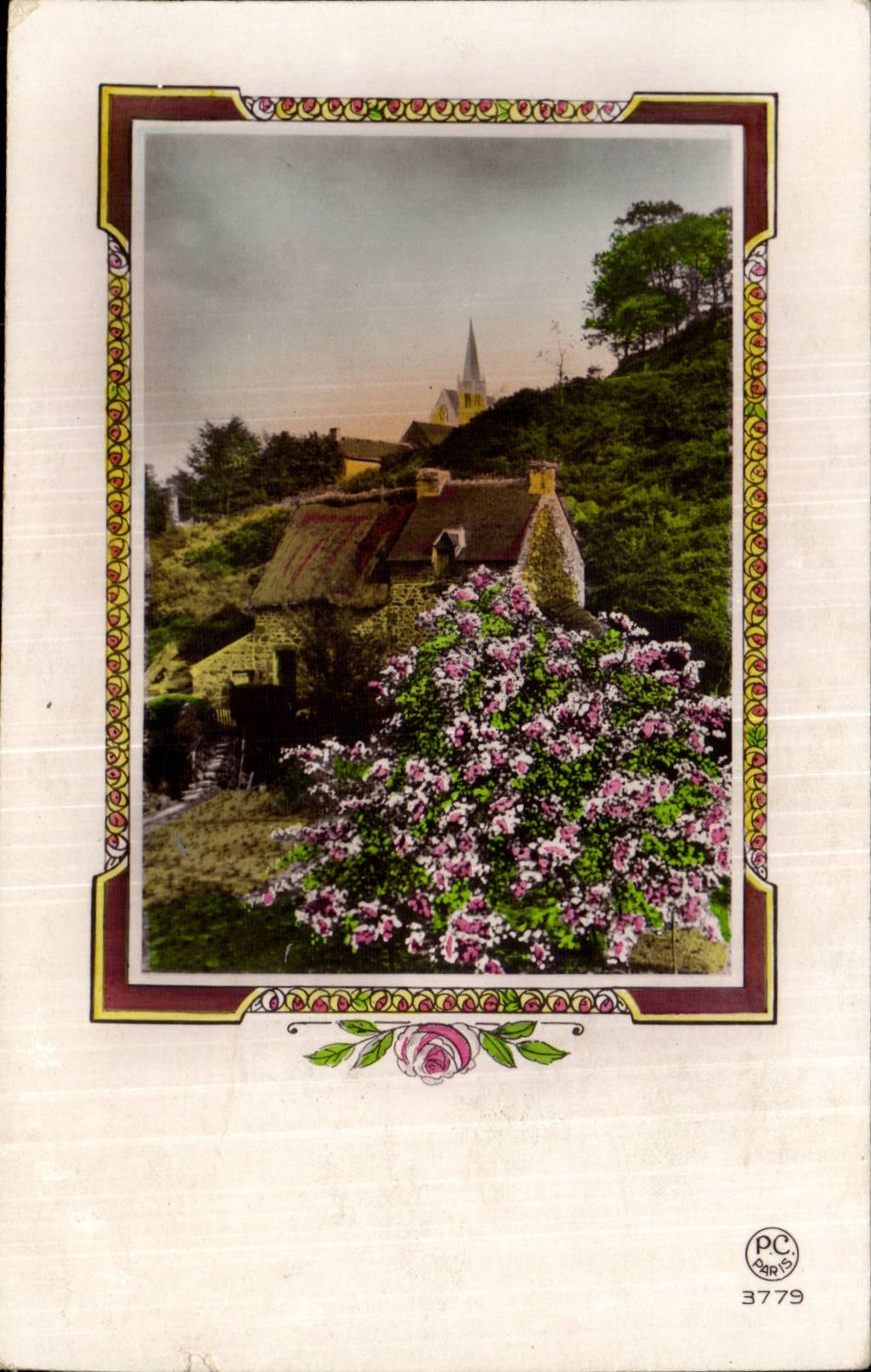 Fantaisie - fleur - chaumiere - cottage surrounded with flowers - CPA 