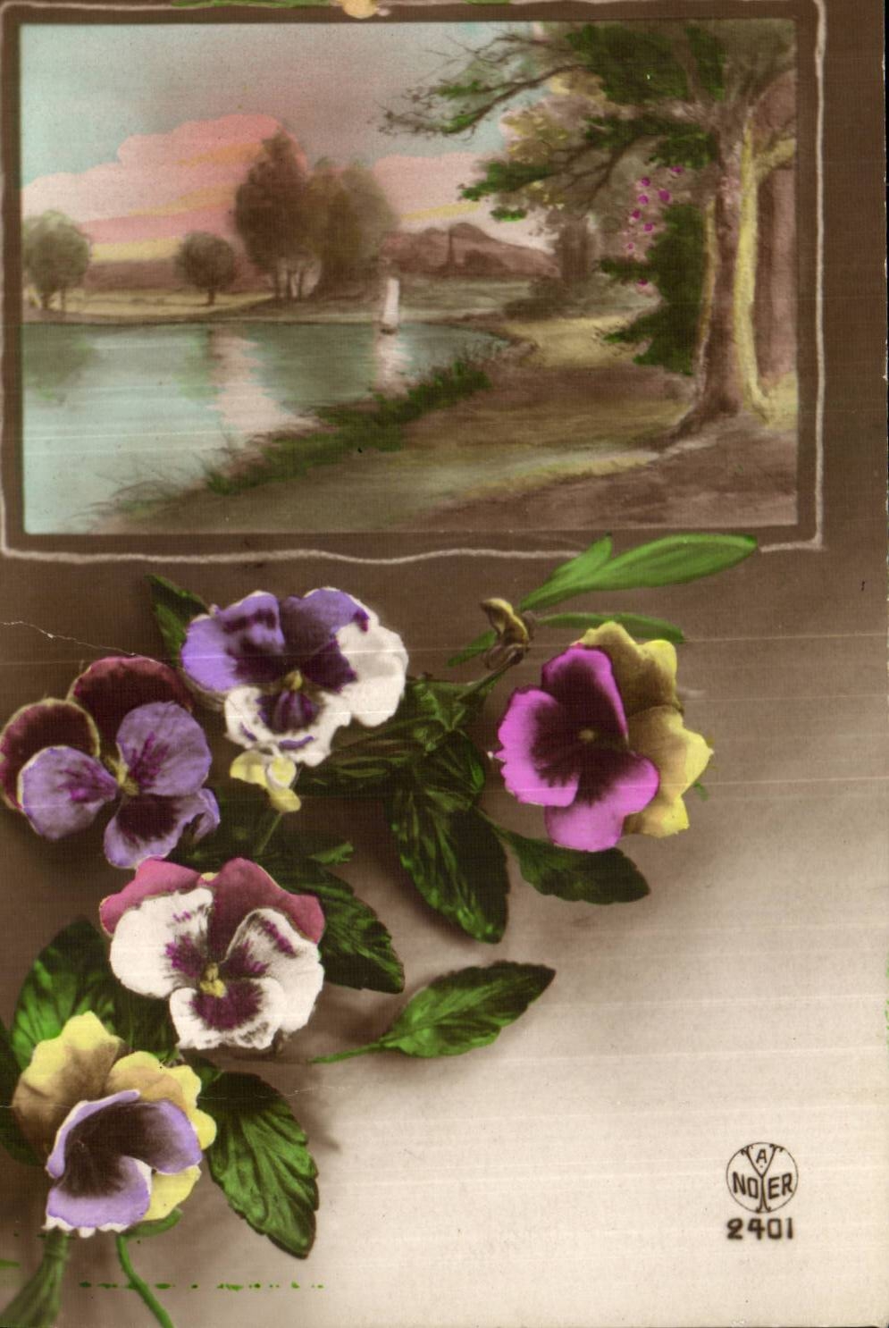 Fantaisie - fleur - pensee et tableau - pansies and painting - CPA 