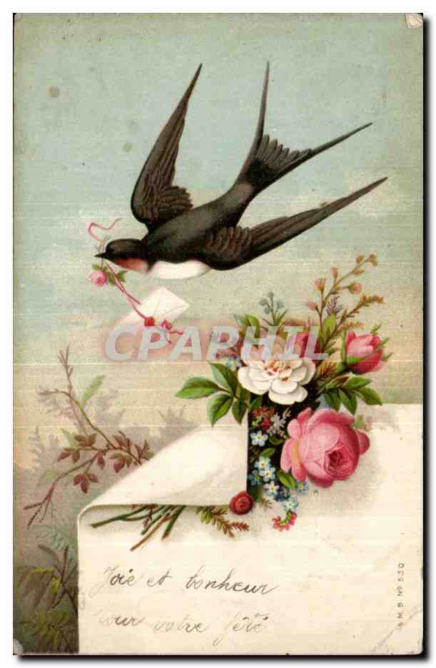 Fantaisie - fleur - joie et bonheur - oiseau - sparrow flying with little letter - CPA 
