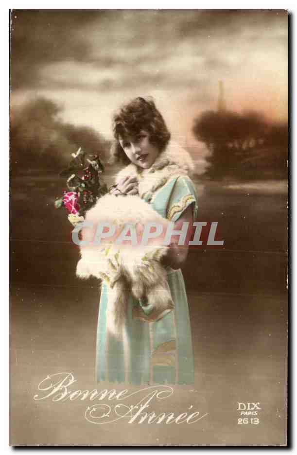 Fantaisie - Femme - young woman carrying flowers - CPA 