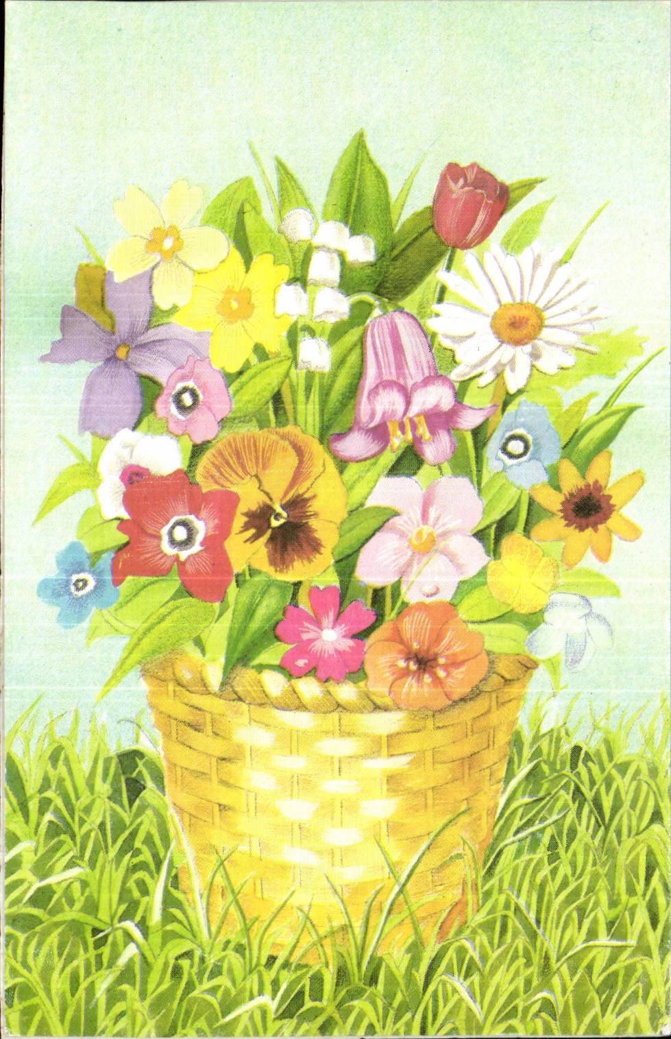 Fantaisie - Fleurs - le Mot Pioche - basket of spring flowers - CPA 
