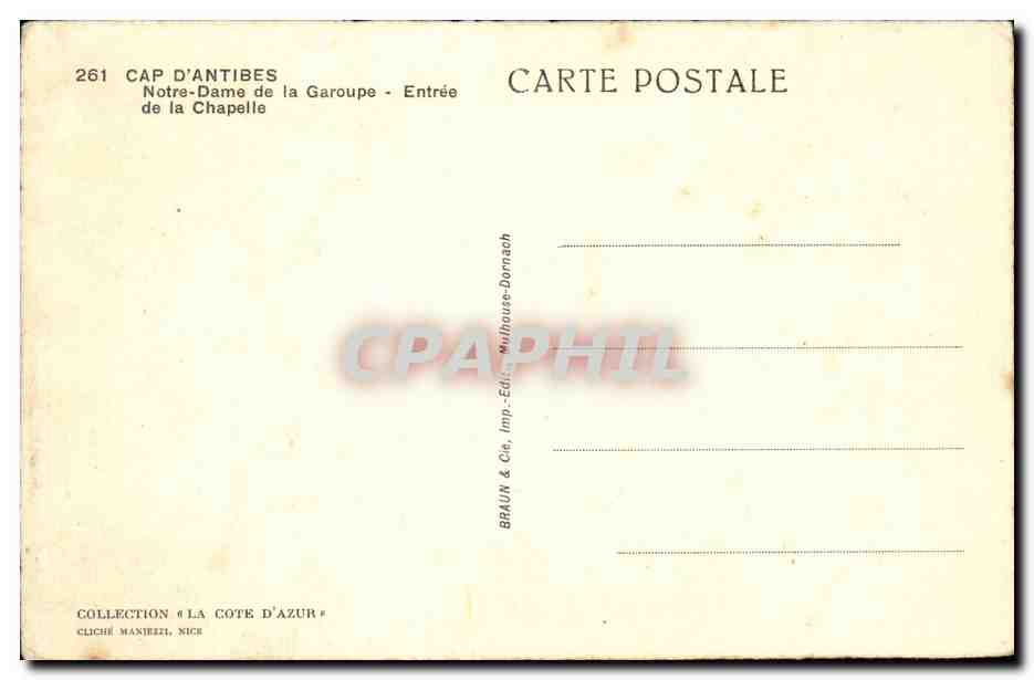 Cap d'Antibes — Notre-Dame de la Garoupe — Entrée de la chapelle — BRAUN & Cie, Imp.-Édit., Mulhouse-Dornach — Rückseite