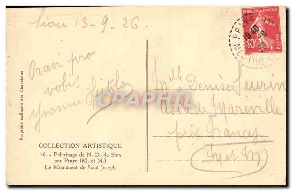 Monument de Saint Joseph — Pèlerinage de N.D. de Sion — Collection Artistique, n°16 — Rückseite