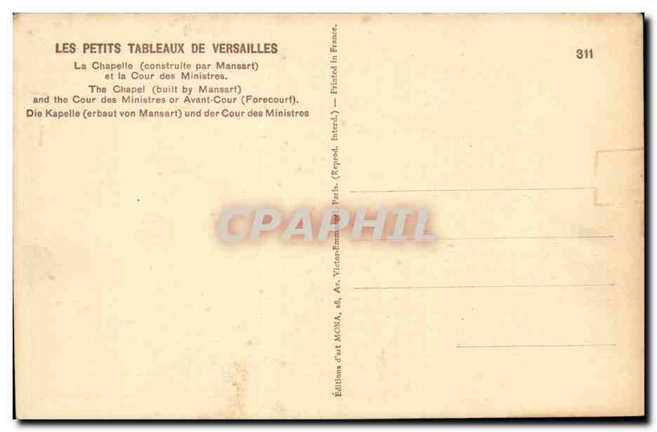 Versailles CPA La chapelle (construite par mansart) et la cour des Ministres — Verso
