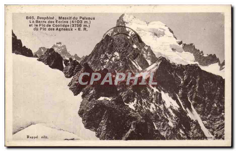 Dauphine CPA Massif du Pelvoux La barre des Ecrins et le pic de Coolidge du pic des Agneaux