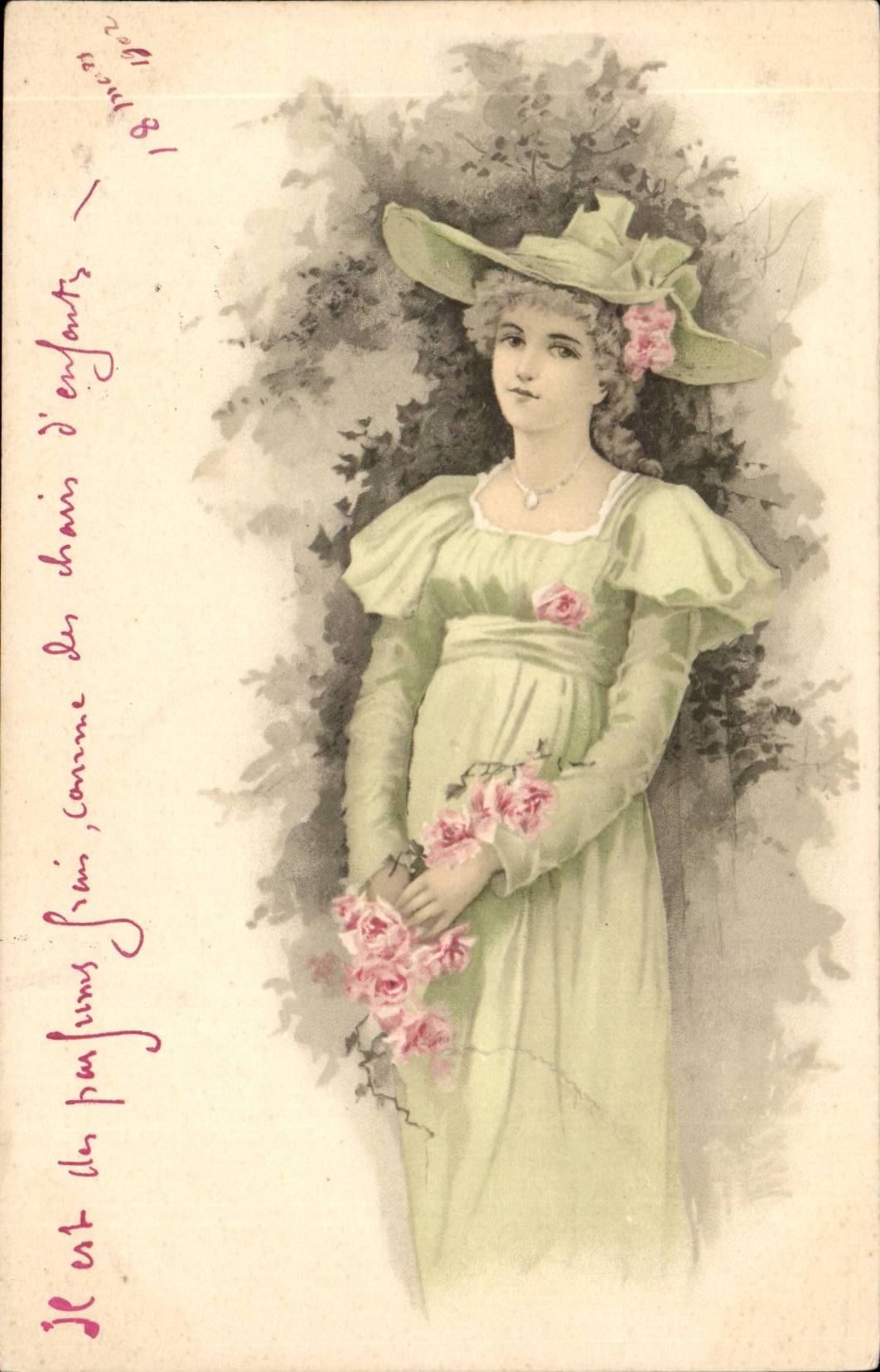 Jeune femme en robe verte et chapeau à fleurs — carte postale illustrée — éditeur non visible