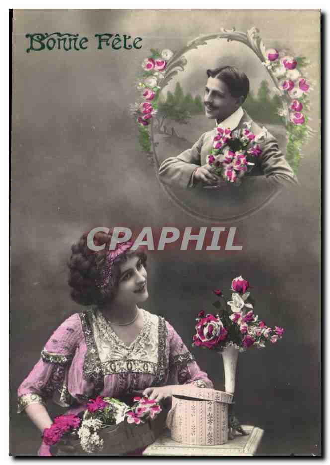 Jeune femme avec bouquet — 'Bonne Fête' — éditeur inconnu