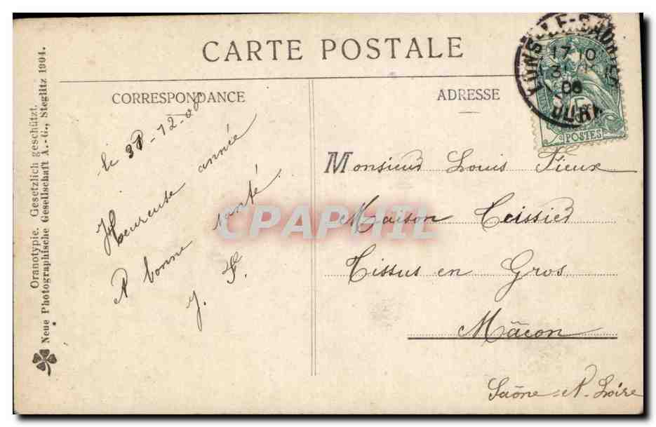 Femme en robe verte tirant un traîneau avec un chien — 'Gonne Année' — NRG, série 1904 — Reverso