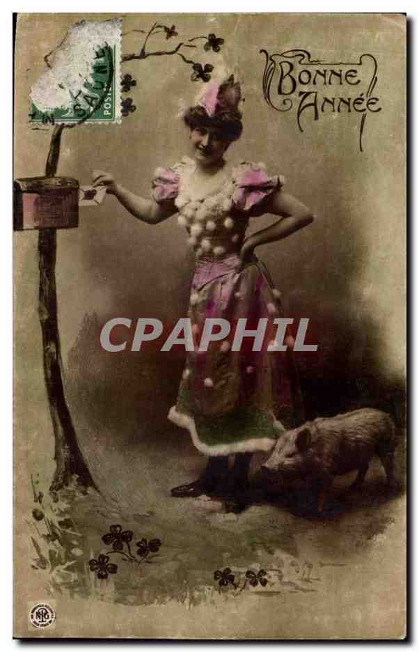 Femme en costume festif avec cochon — Bonne Année — éditeur N.R. (Nordrhein-Westfalen) — n° de série non visible