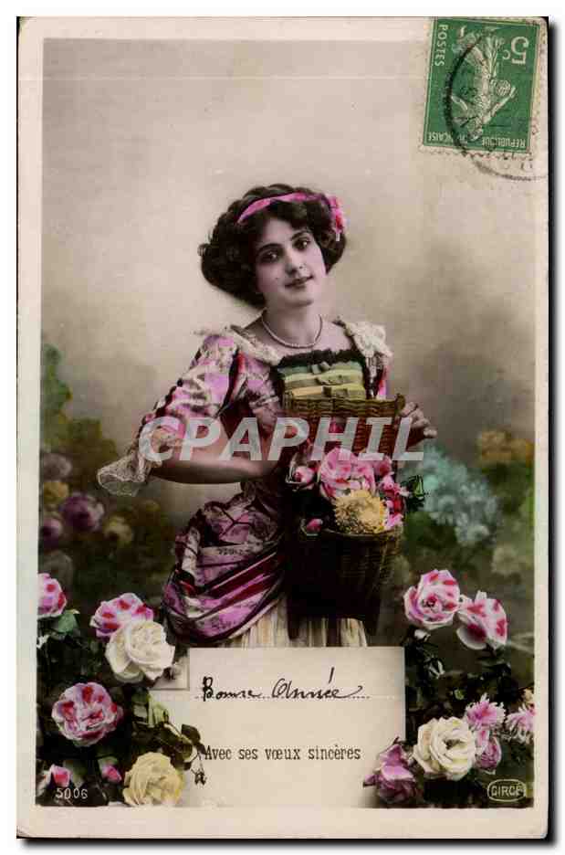 Femme avec panier de roses — Carte de vœux — Circe, n°5006