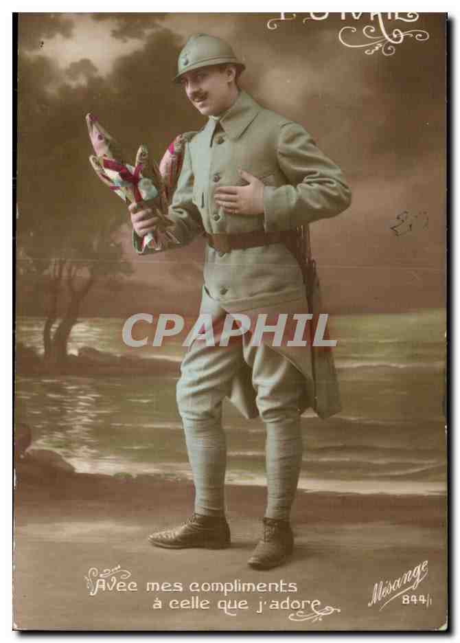 Soldat en uniforme — avec bouquet de fleurs — éditeur Mérange, n° 844/1