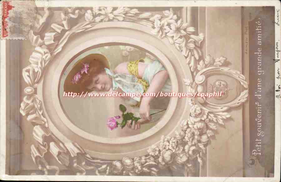 Jeune fille avec rose — souvenir d'une grande amitié — éditeur A. Delcampe, n° 1909