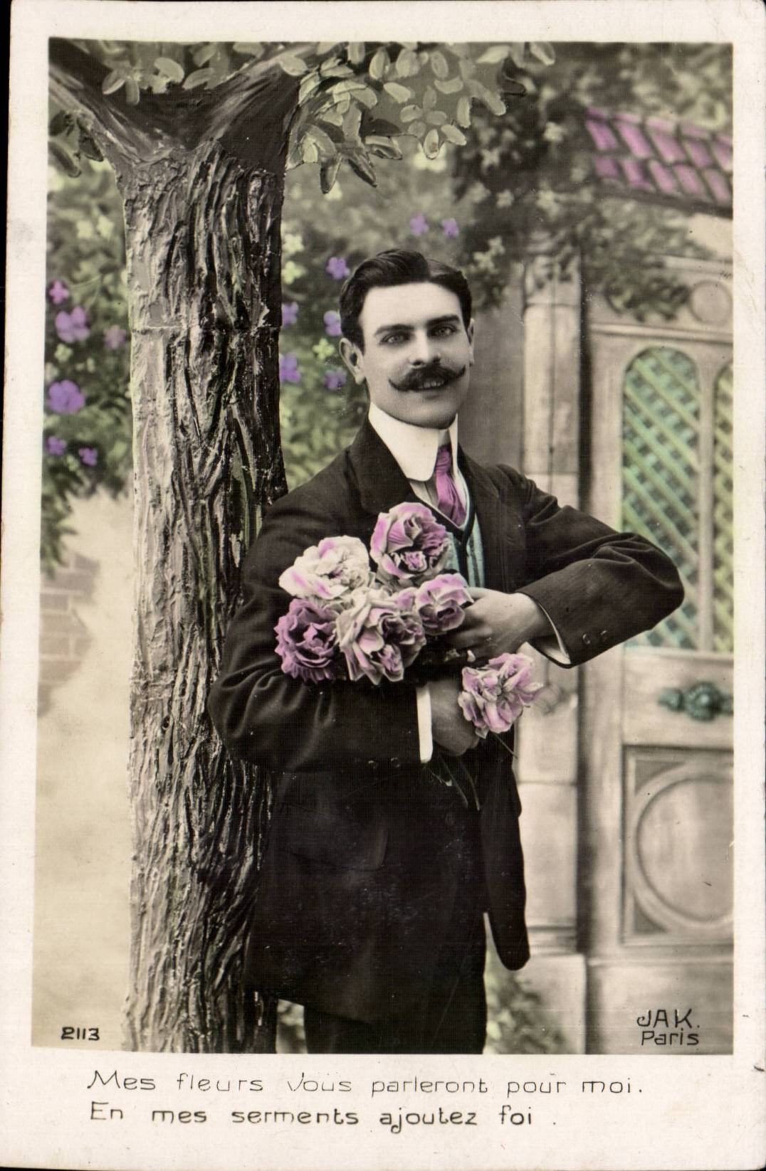 Homme à la moustache tenant un bouquet — J.A.K. Paris — n° 2113