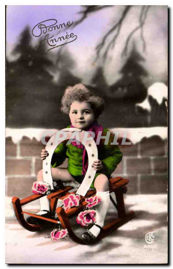 CPA Fantaisie Enfant et luge Bonne annee