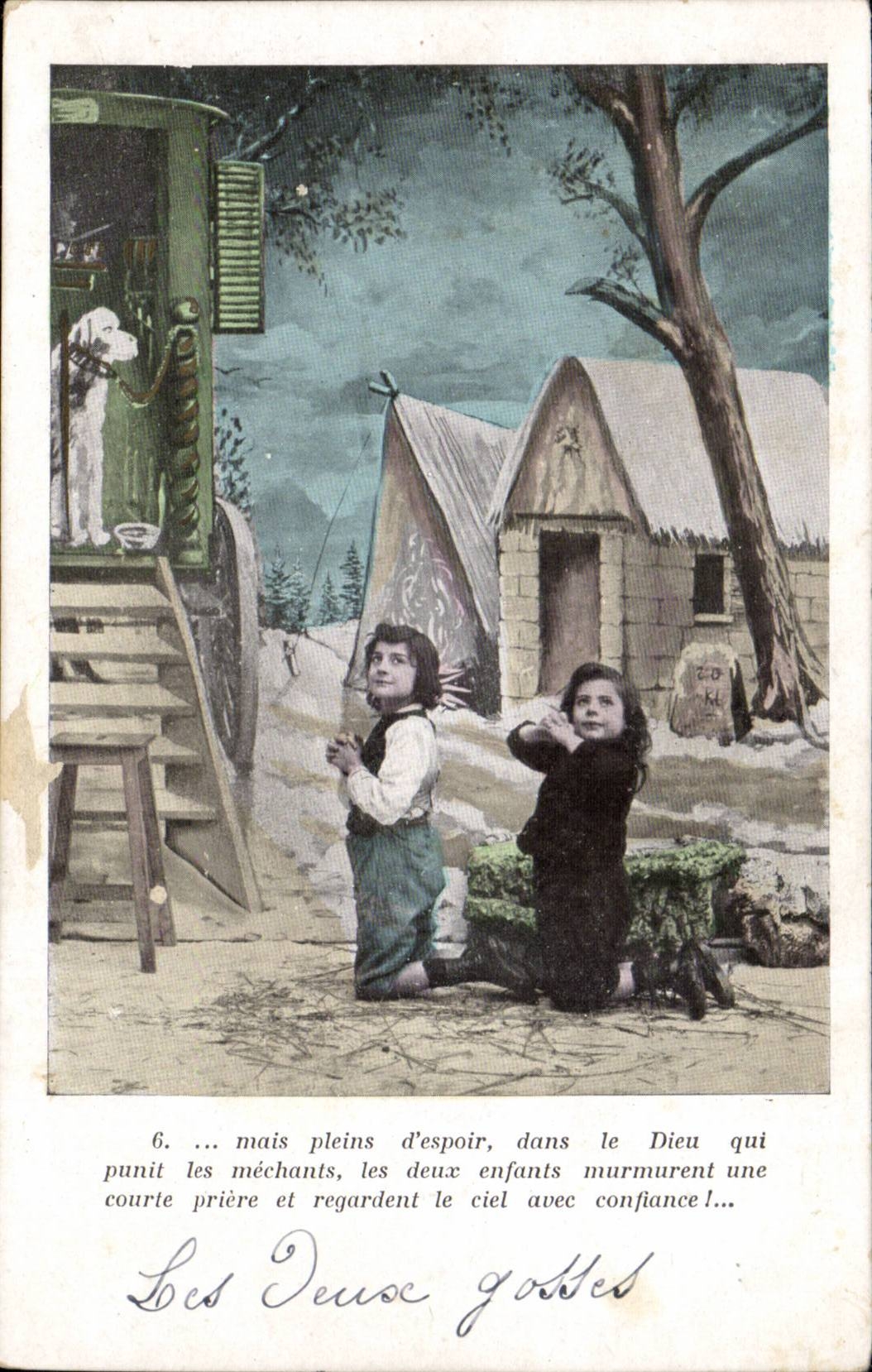CPA Fantaisie Enfants Mais pleins d'espoires dans le Dieu qui punit les mechants Les deux gosses