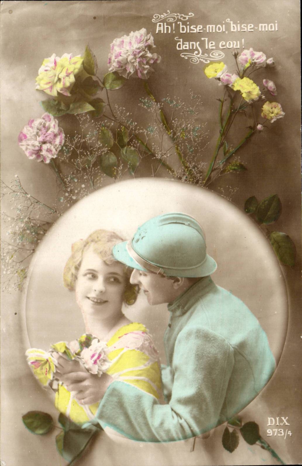 CPA Fantaisie Ah bise moi bise moi dans le cou (femme et militaire)