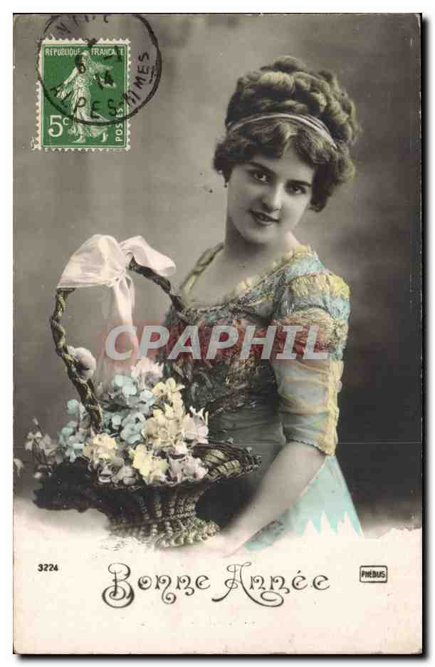 Jeune femme tenant un panier de fleurs — Bonne Année — Phébus, n° 3224