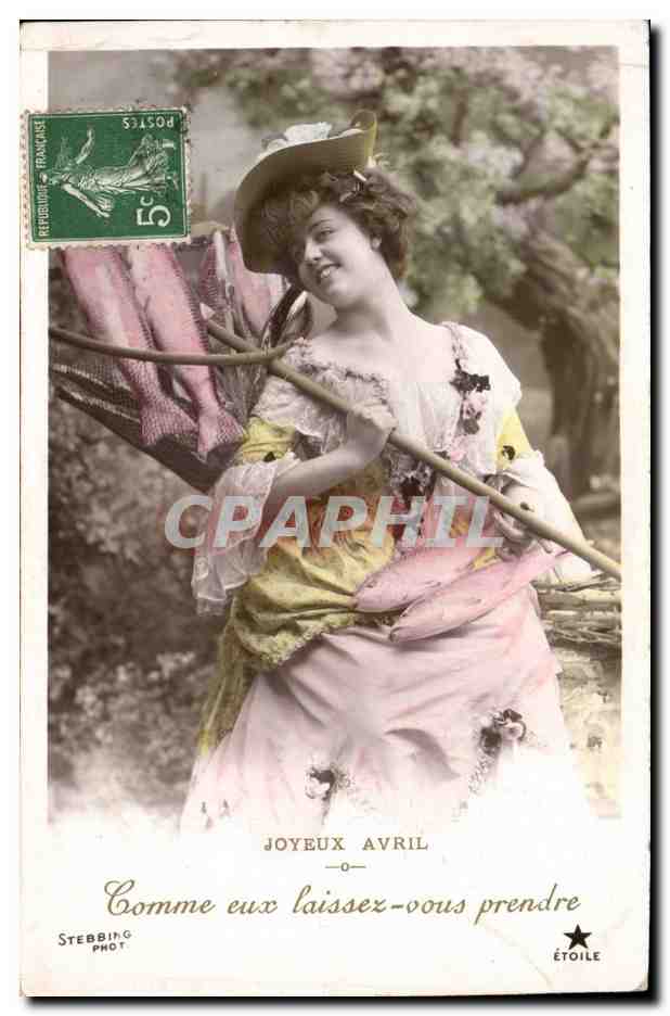 CPA Fantaisie Joyeux Avril Comme eux laissez vous prendre (femme poissons)