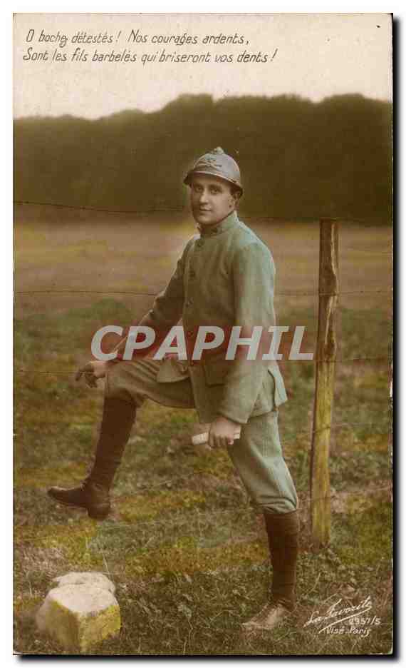 CPA Fantaisie o boche detestes ! nos courages ardents sont les fils barbeles qui briseront vos dents ! (militaria)