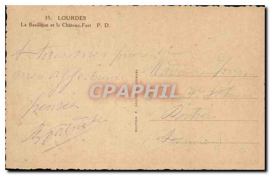 Lourdes CPA La basilique et le chateau fort — Verso