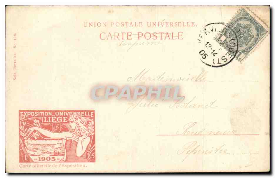 Belgique Belgie Liege CPA Exposition universelle de Liege 1905 Parc de la Boverie — Rückseite