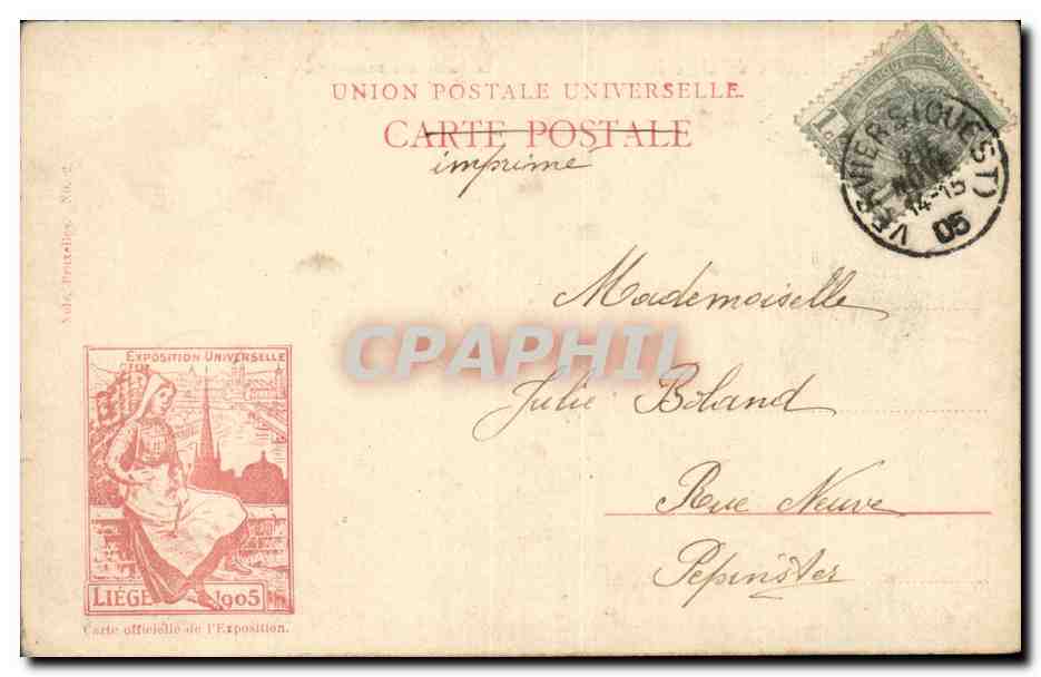 Exposition universelle de Liège 1905 — Le Palais des Beaux-Arts — Carte postale officielle — Verso