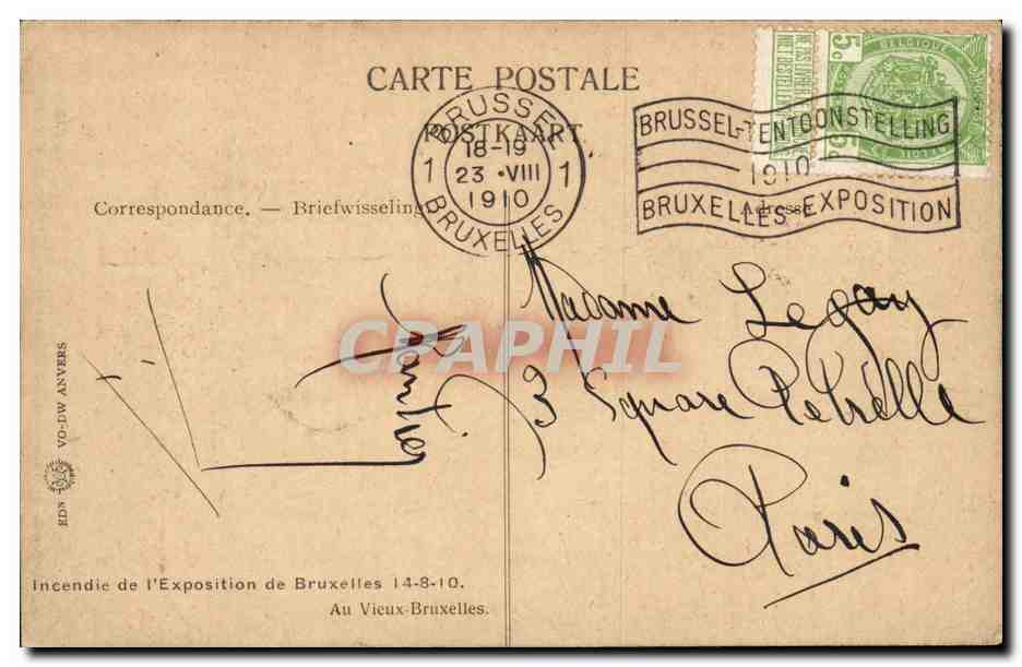 Belgie Belgique CPA Incendie de l'exposition de Bruxelles 14 8 1910  — Rückseite