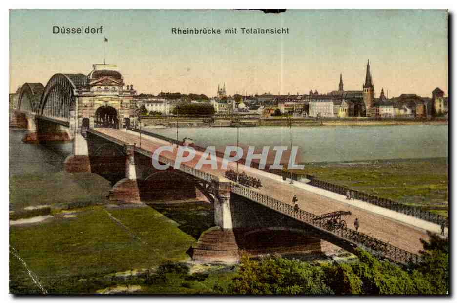 CPA Dusseldorf Rheinbrucke mit Totalansicht