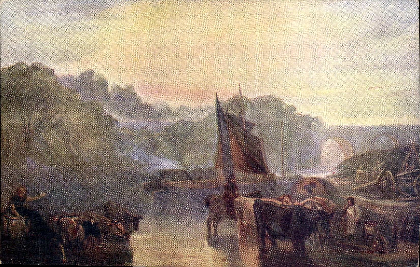 CPA Attelage Boeufs Barque Bateau