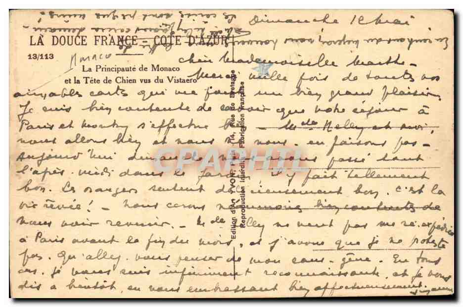 CPA Principaute de Monaco et la tet ede chien vus de Vistaero — Rückseite