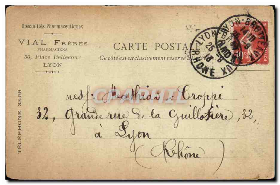 Lyon — Carte postale pharmaceutique — Vial Frères — Rückseite