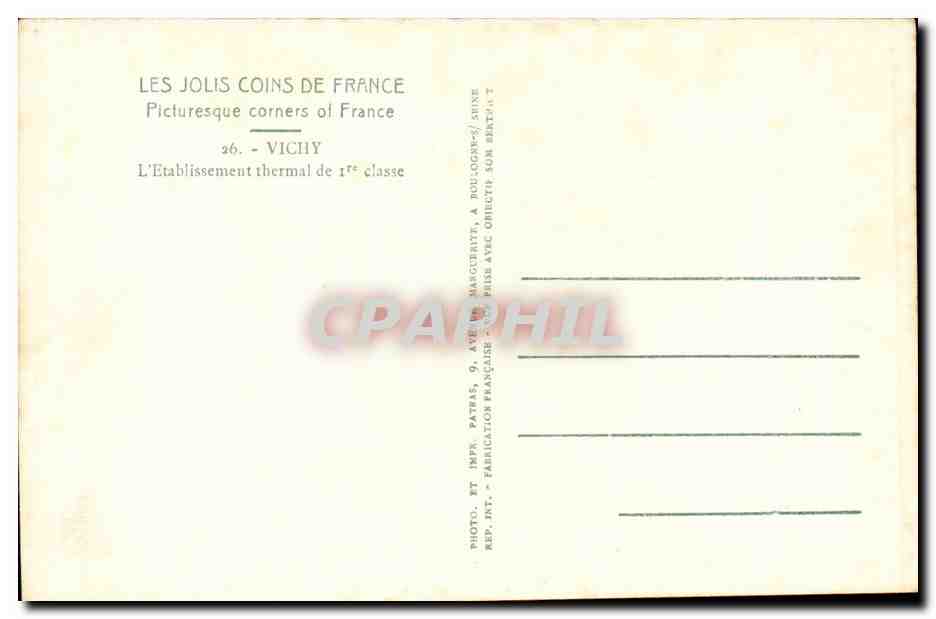Vichy CPA L'etablissement thermal de 1ere classe — Verso