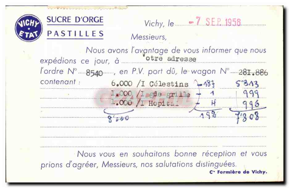 Vichy CPA Celestins Grande grille Hopital Compagnie fermiere de Vichy Publicite Sucre d'orge Pastiles  — Verso