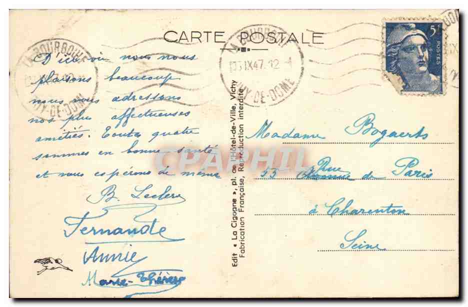 La Bourboule — Vue sur les Quais et Ponts de la Dordogne — La Cigogne, n° 3003 — Rückseite