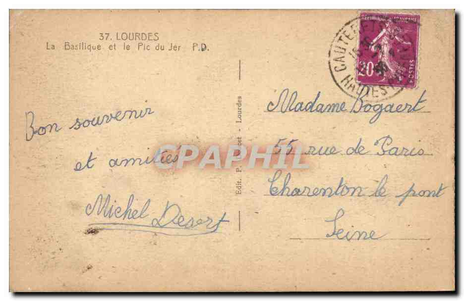 Lourdes CPA La basilique et le pic du Jer — Verso