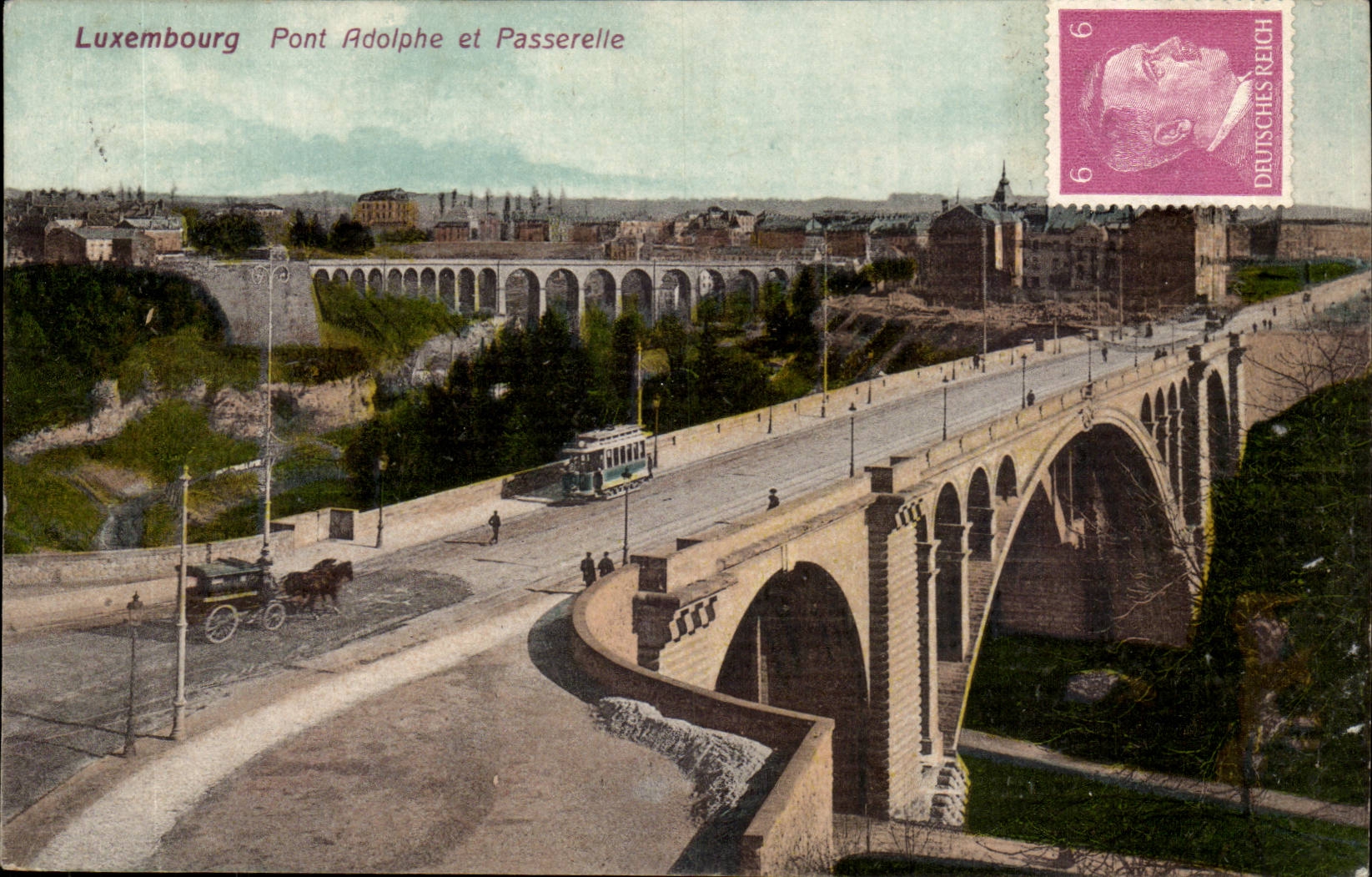 Luxembourg CPA Pont Adolphe et Passerelle (timbre Hitler)