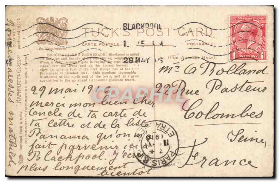 Grande Bretagne Rough Sea CPA New promenade Blackpool — Rückseite