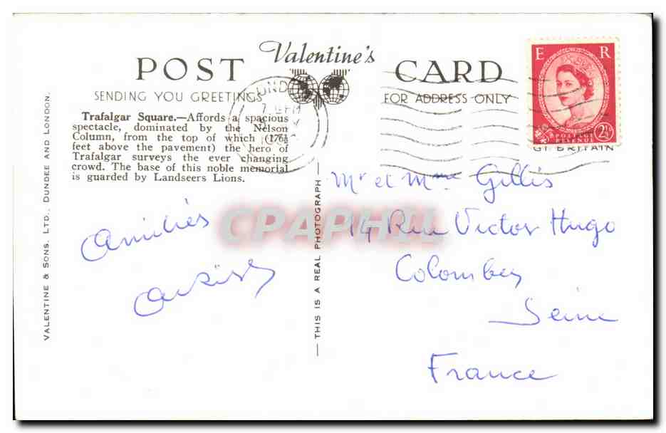 Trafalgar Square, London — vue aérienne avec colonne de Nelson — Valentine's Card, éditeur Valentine & Sons Ltd., n° K.7046 — Rückseite
