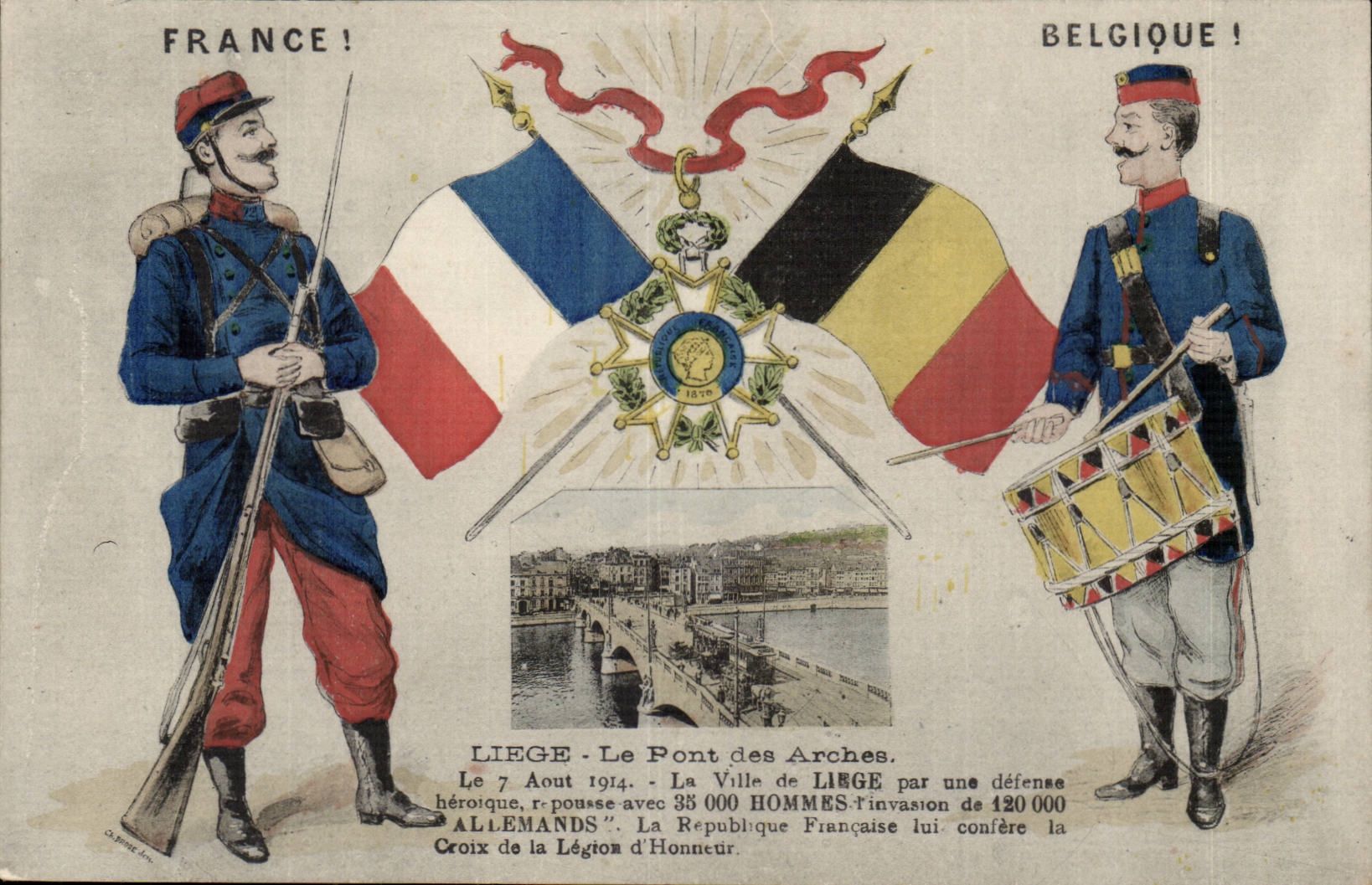 Belgique Belgie France Belgique Liege Le pont des aRches CPA Miltiaria Drapeax Legion d'honneur