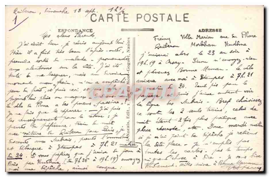 Quiberon (Morbihan) — Vue générale prise de la Pointe de Beg-er-Vil — Éditeur : Nozaïs, n°12 — Rückseite