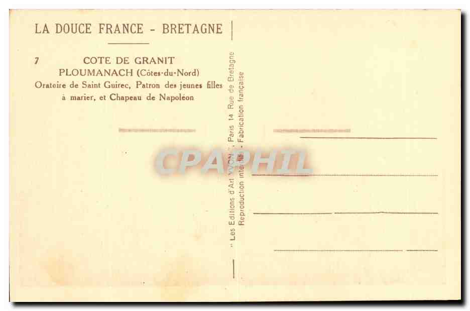 Cote de Granit CPA Ploumanach Oratoire de Saint Guirec Patron des jeunes filles a marier et chapeau de Napoleon — Rückseite