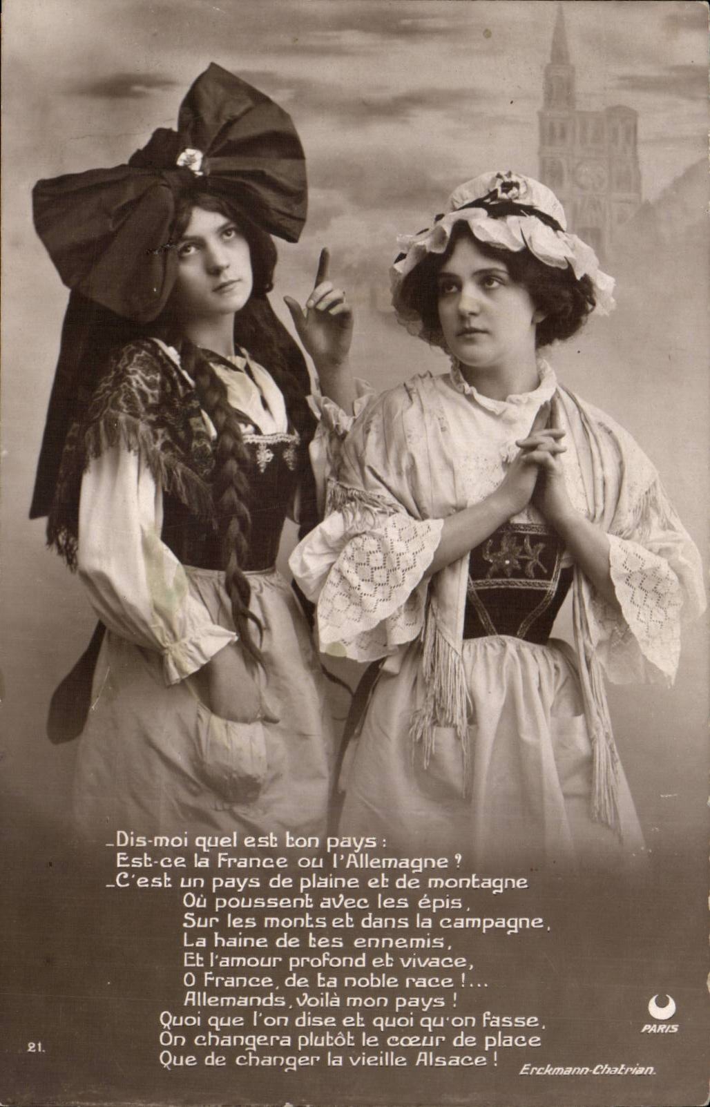 Zwei junge Frauen in regionalen Kleidern — Gedicht über Elsaß — Erckmann-Chatrian, Paris, n°21