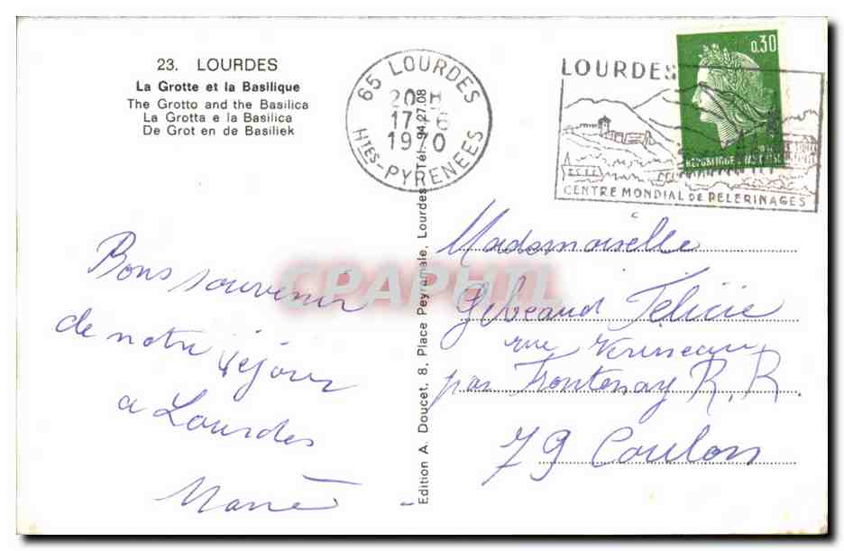 Lourdes CPM La grotte et la basilique — Verso