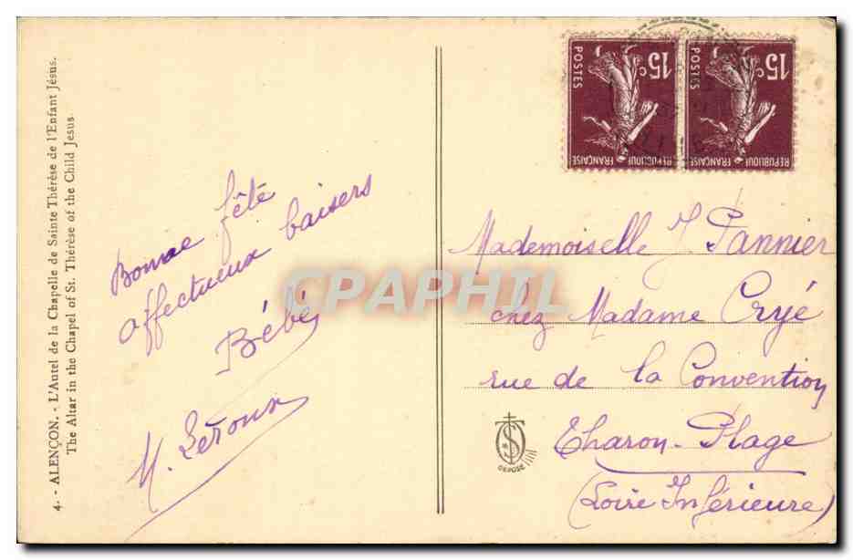 Alencon CPA L'autel de la chapelle de Sainte Therese de l'enfant Jesus  — Verso